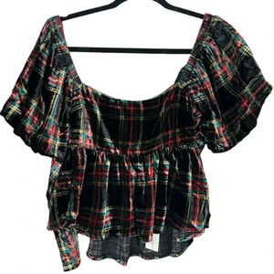 Plaid Velvet Bow Back Blouse Square Neckline‎ w/ Puff Sleeve Baby Doll Top NWT